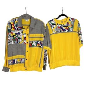Vintage Brownstone Studio Blouse Jacket Set Yellow 2X Memphis Style Geometric